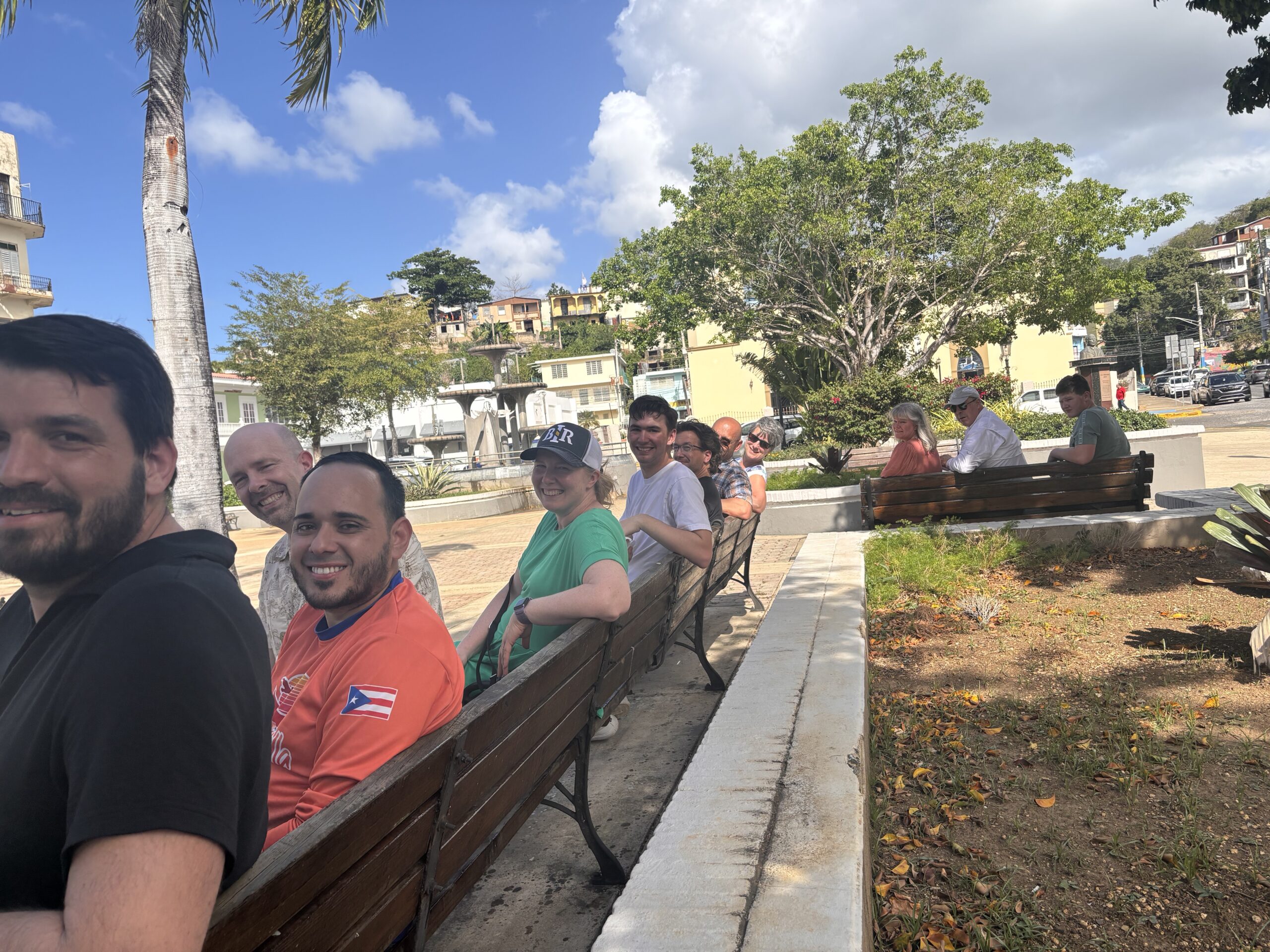 Enjoying some shade in Aguadilla's town square.